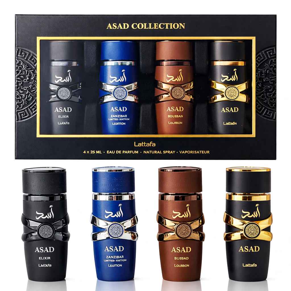 Lattafa Asad + Asad Elix + Zanzibar + Bourbon Edp 25ml Set 4pcs